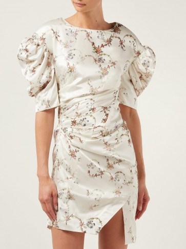 PREEN BY THORNTON BREGAZZI Greta floral-print puff-sleeve satin dress in ivory / big shoulders / 80s style - flipped