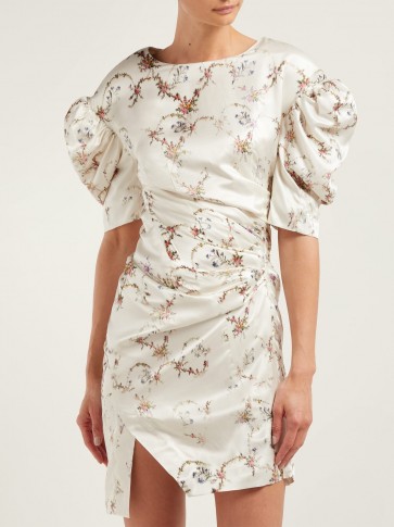 PREEN BY THORNTON BREGAZZI Greta floral-print puff-sleeve satin dress in ivory / big shoulders / 80s style