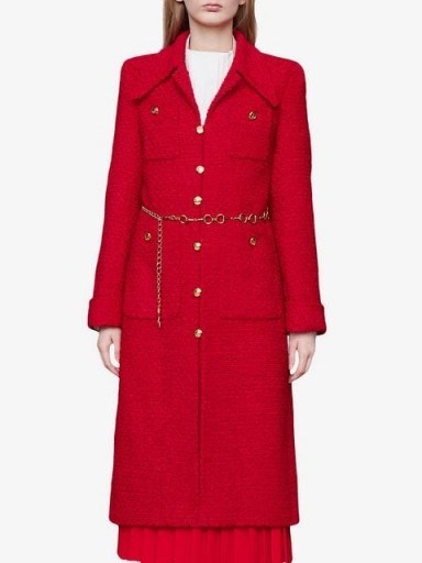 GUCCI Tweed coat with horsebit belt in red | designer vintage style coats - flipped