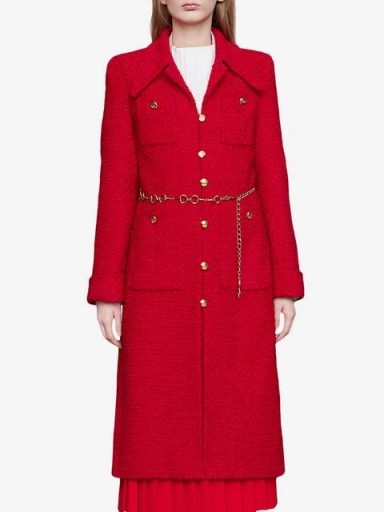 GUCCI Tweed coat with horsebit belt in red | designer vintage style coats