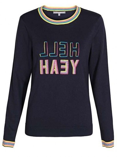 Oliver Bonas Hell Yeah Embroidered Navy Jumper / blue slogan jumpers - flipped