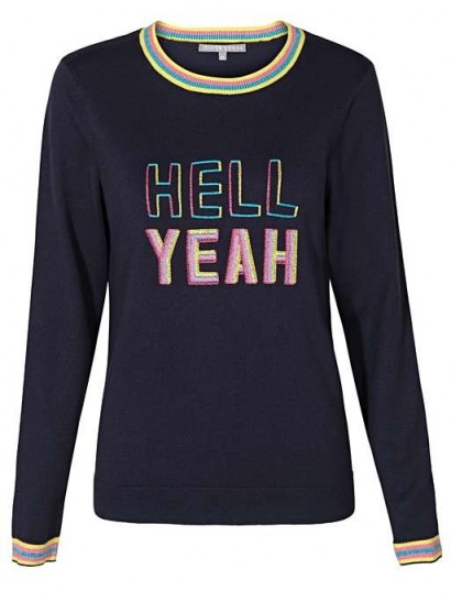 Oliver Bonas Hell Yeah Embroidered Navy Jumper / blue slogan jumpers