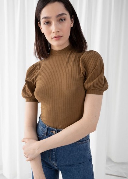 STORIES High Neck Puff Sleeve Top in Camel | brown short sleeve tops - flipped