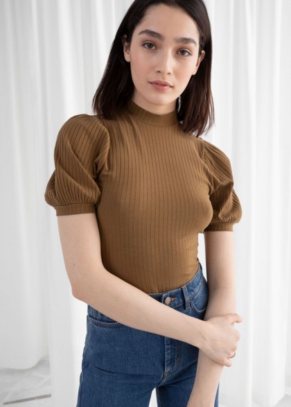 STORIES High Neck Puff Sleeve Top in Camel | brown short sleeve tops