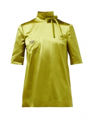 PRADA High-neck silk-blend technical-satin blouse in green - flipped