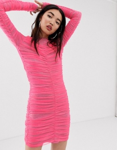 House of Holland gathered tulle mini dress in neon pink – ruched bodycon - flipped