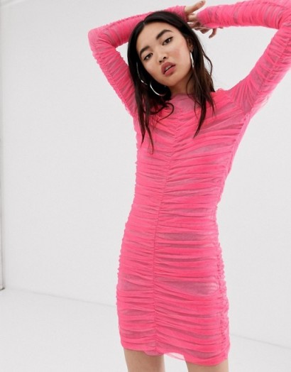 House of Holland gathered tulle mini dress in neon pink – ruched bodycon