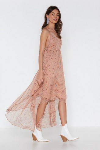 Nasty Gal I Be-leaf in You Floral Maxi Dress in Nude – floaty high-low dresses - flipped