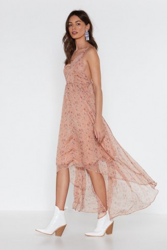 Nasty Gal I Be-leaf in You Floral Maxi Dress in Nude – floaty high-low dresses