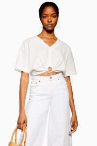 Topshop Ivory Laundered Buckle Detail Crop Blouse | cropped hem tops