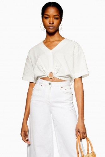 Topshop Ivory Laundered Buckle Detail Crop Blouse | cropped hem tops - flipped
