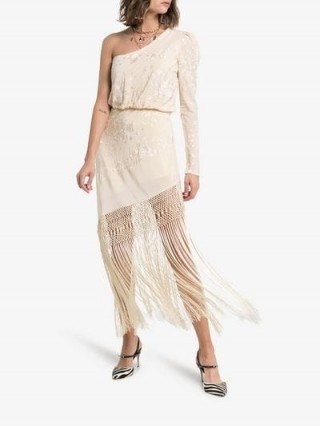 Johanna Ortiz Sevillana Tan Sonriente Fringed Silk Dress in Cream | feminine party look - flipped