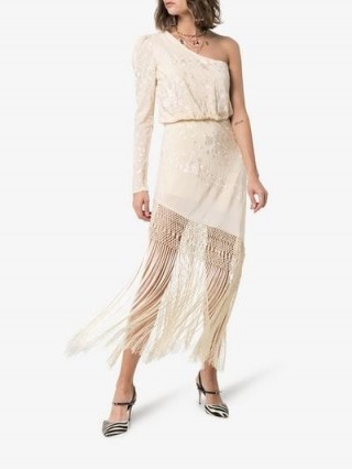 Johanna Ortiz Sevillana Tan Sonriente Fringed Silk Dress in Cream | feminine party look