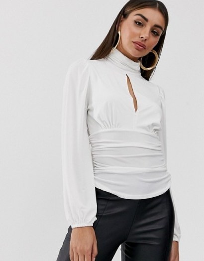 John Zack high neck plunge front top in cream | chic ruched blouse - flipped