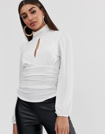John Zack high neck plunge front top in cream | chic ruched blouse