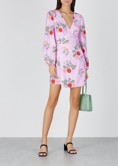 KEEPSAKE Pretty One floral-print satin wrap dress in lilac / feminine spring fashion - flipped