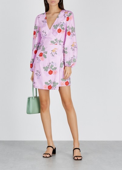 KEEPSAKE Pretty One floral-print satin wrap dress in lilac / feminine spring fashion