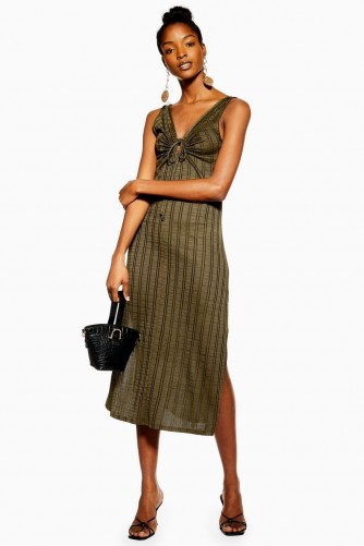 Topshop Khaki Keyhole Stripe Midi Dress | green sleeveless spring dresses
