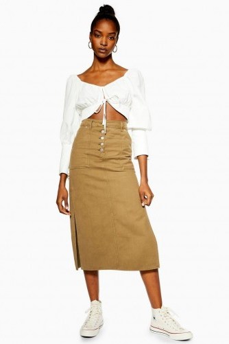 Topshop Khaki Midi Denim Skirt | casual side slit skirts - flipped