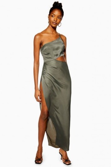 We Own The Night Khaki Satin Super Split Dress | asymmetric cut-out gown | evening glamour - flipped