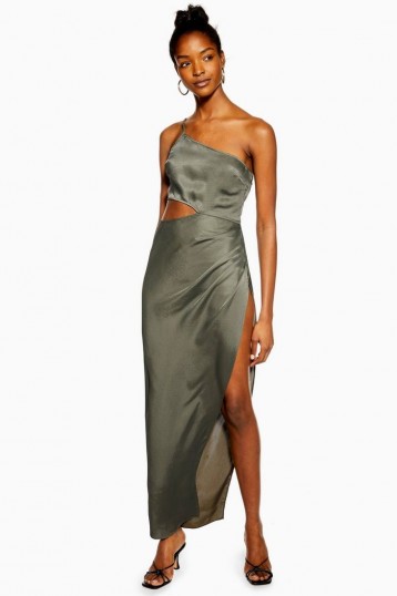 We Own The Night Khaki Satin Super Split Dress | asymmetric cut-out gown | evening glamour