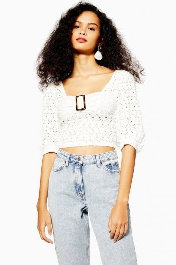 TOPSHOP Lace Buckle Puff Sleeve Top in cream – vintage style - flipped