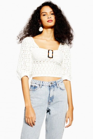 TOPSHOP Lace Buckle Puff Sleeve Top in cream – vintage style