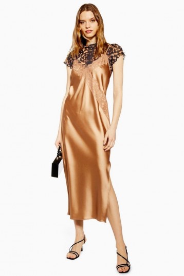 Topshop Lace Satin Slip Dress in Bronze | luxe cami dresses
