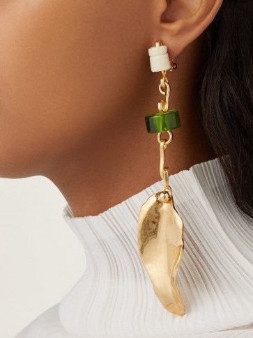 MARNI Leaf and bead-embellished drop clip earrings ~ green and gold statement drops - flipped