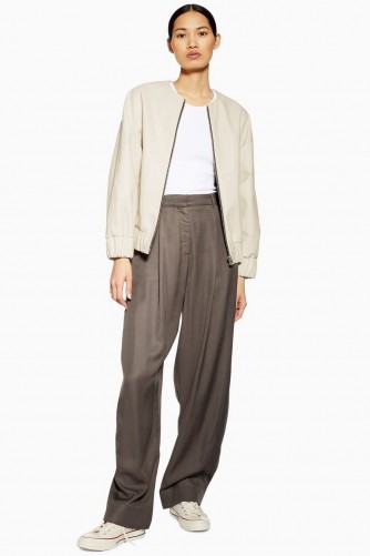 Topshop Boutique Leather Bomber Jacket in Off White
