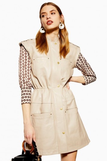 Topshop Leather Cap Sleeve Dress in Stone | luxe retro look