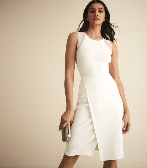 REISS LEILA KNITTED BODYCON DRESS WHITE ~ asymmetric wrap front - flipped