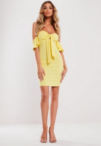 MISSGUIDED lemon bardot knot front bodycon mini dress ~ yellow strapless dresses - flipped