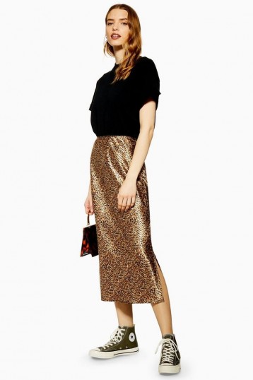 Topshop Leopard Print Satin Bias Skirt in Tan | brown animal prints