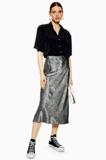 Topshop Leopard Print Satin Bias Skirt in Blue | slinky fabric