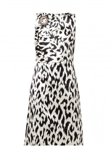 CALVIN KLEIN 205W39NYC Leopard-print crystal brooch silk dress in black and white ~ vintage style glamour - flipped