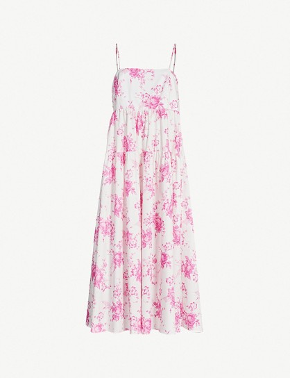 LES REVERIES Floral-pattern tiered cotton midi dress in garden bouquet / tiered thin-strap sundress