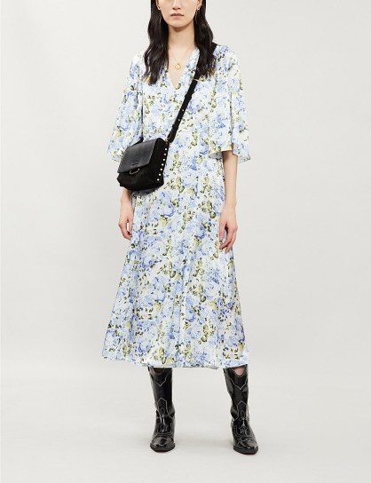 LES REVERIES Floral-print silk-satin midi wrap dress in Victoria rose | blue floral spring dresses - flipped