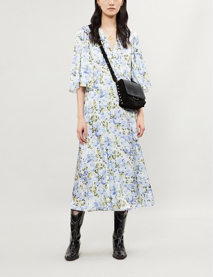 LES REVERIES Floral-print silk-satin midi wrap dress in Victoria rose | blue floral spring dresses