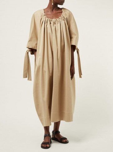 THE ROW Libby gathered-neck cotton dress in beige ~ oversized design - flipped