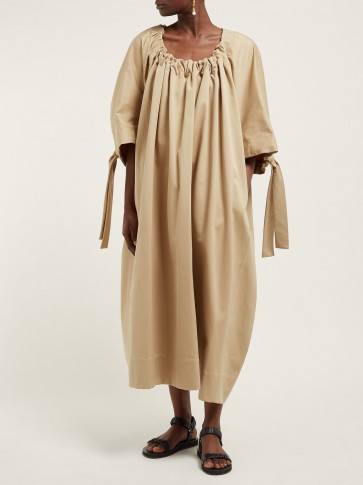 THE ROW Libby gathered-neck cotton dress in beige ~ oversized design