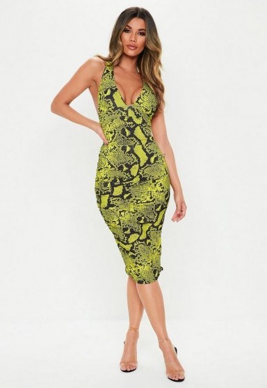 MISSGUIDED lime snake plunge slinky cross back midi dress ~ bright animal prints - flipped