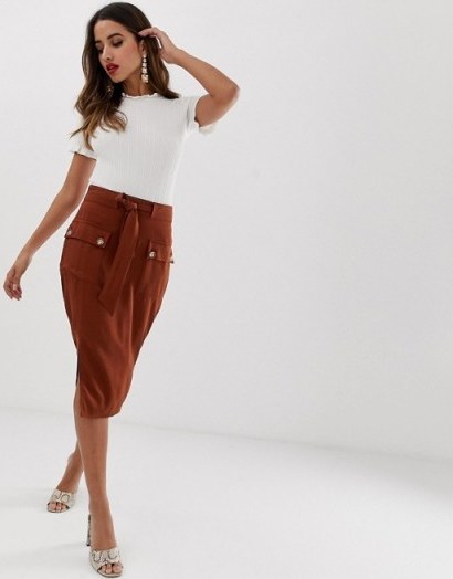 Lipsy utility midi skirt in chocolate brown ~ modern utilitarian fashion - flipped