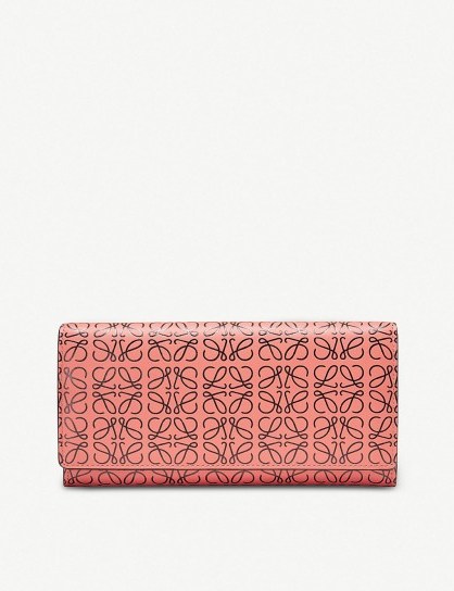 Women’s designer wallets ~ LOEWE Continental logo-embossed leather wallet in pink tulip / black - flipped