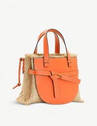 LOEWE Gate top-handle small leather and woven raffia tote bag in orange / natural / textured luxury handbag