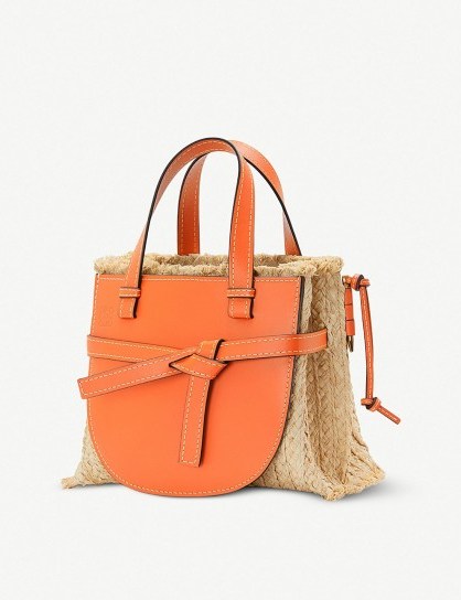 LOEWE Gate top-handle small leather and woven raffia tote bag in orange / natural / textured luxury handbag - flipped