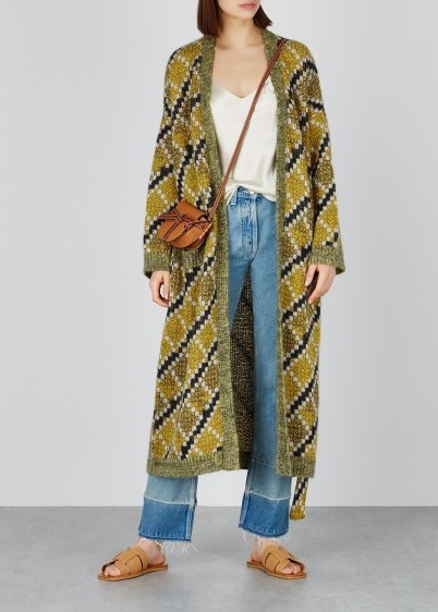 LOEWE Instarsia knitted cardigan in mustard | longline geo patterned cardigans - flipped
