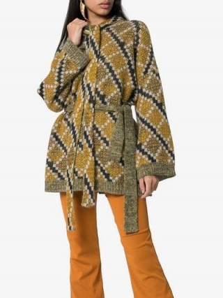 Loewe Jacquard Belted Mohair Wool Jumper in Yellow, Black and White | patterned retro knits