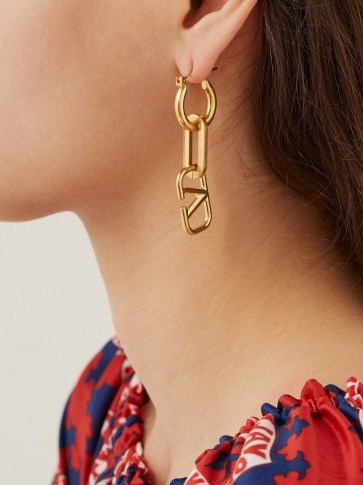 VALENTINO Logo and chainlink earrings ~ gold-tone V-charm drops - flipped