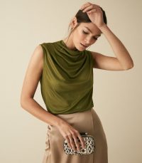 REISS LOLA HIGH NECK SLEEVELESS TOP OLIVE ~ chic draped tops